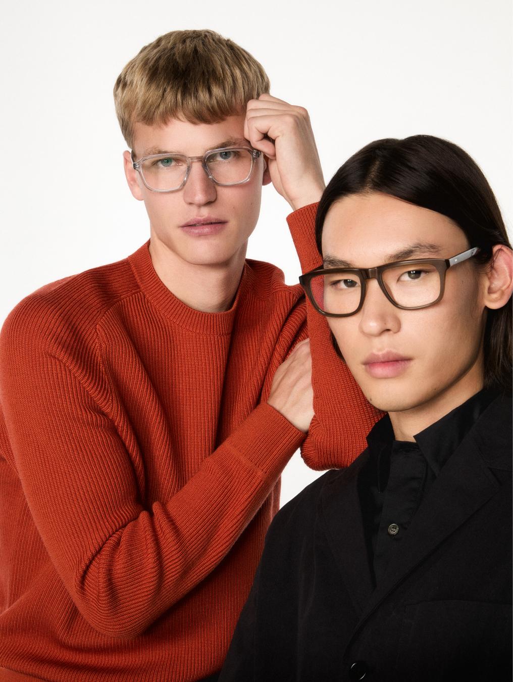 Two male models with glasses white BG